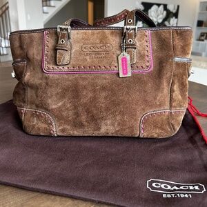 Vintage Coach Handbag Chocolate Brown Suede with Magenta lining